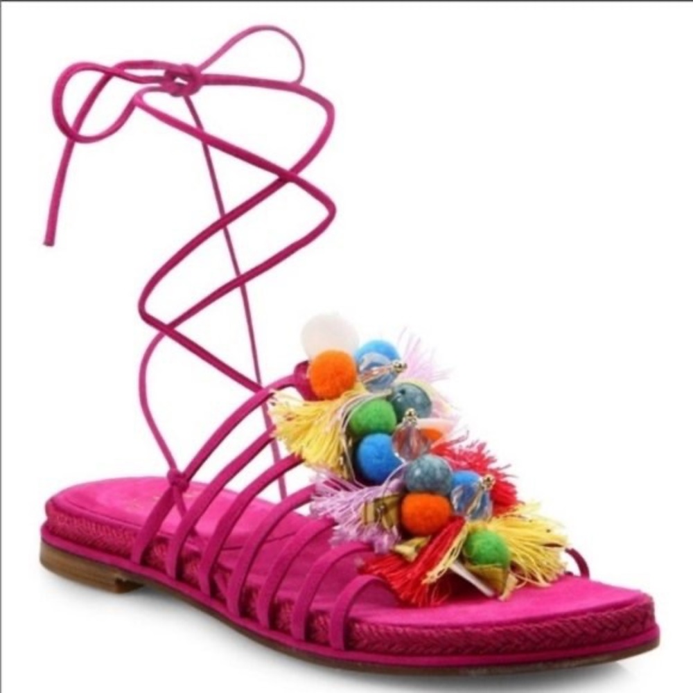 Stuart Weitzman Fuschia Suede Pom Gladiator Sandal